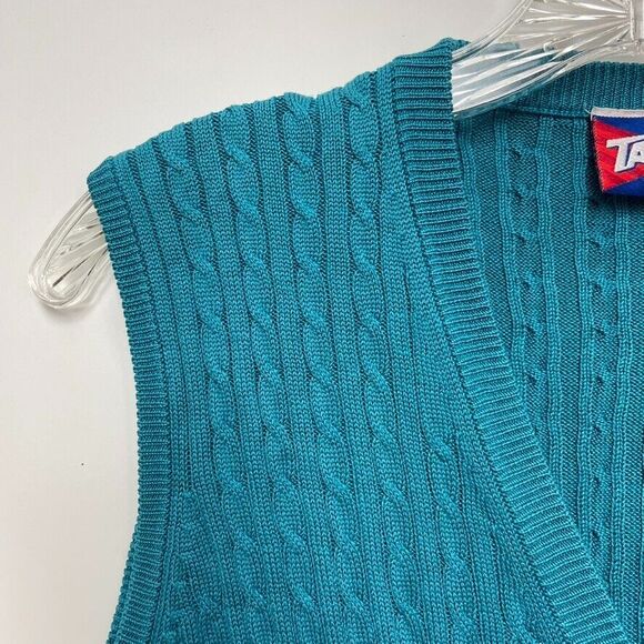 Vintage 90s Tail XL Teal Silk Cable-Knit Sweater Vest V-Neck Mother of Pearl - Picture 3 of 10